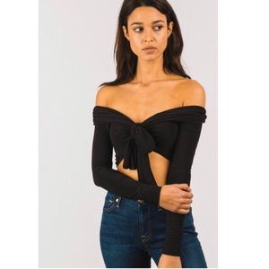 Off The Shoulder Tie Front Crop Top in Black